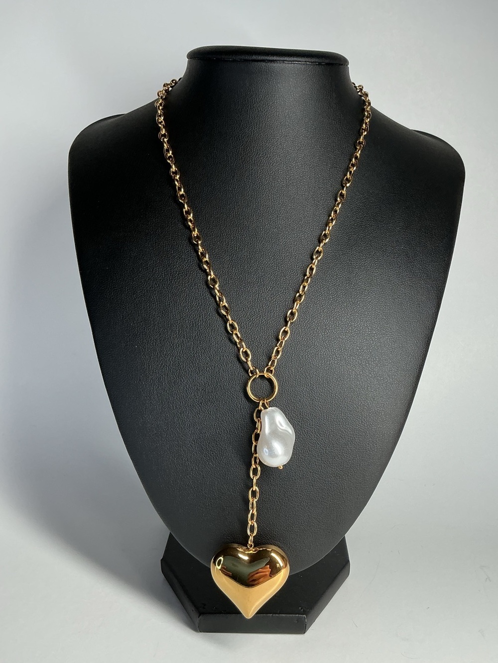 Gold Heart Lariat Necklace with Pearl Drop - Women Jewelry